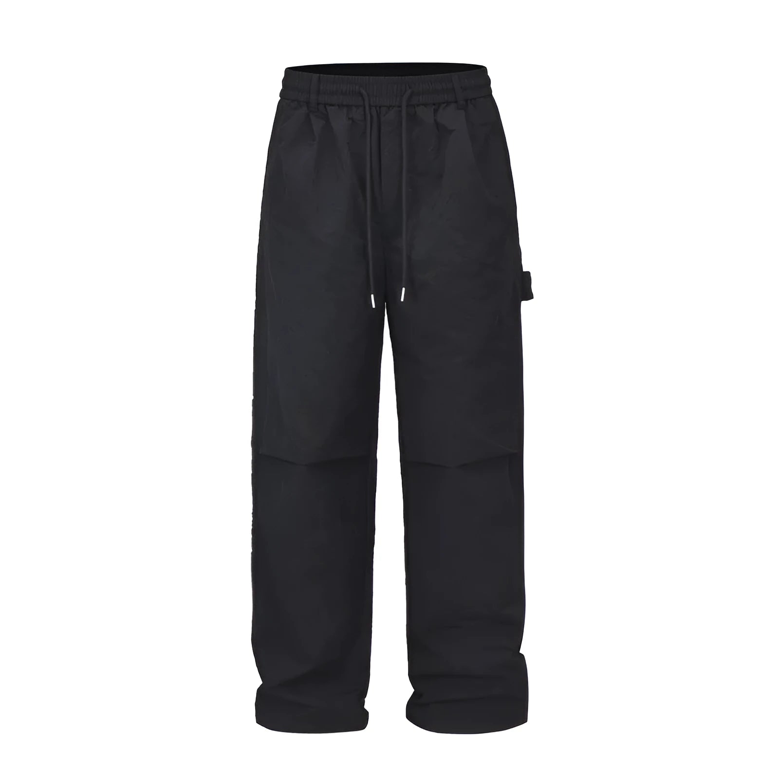 Black paratrooper pants with elastic drawstring waist and three-dimensional baggy cut