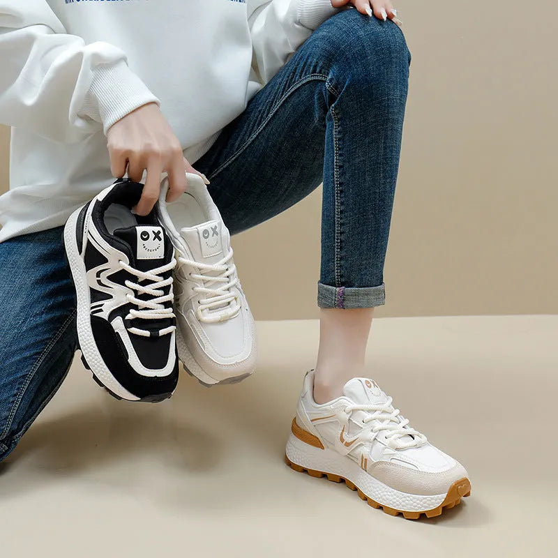 Women's lace-up casual sports shoes in artificial PU with cotton lining, round toe and flat heel design