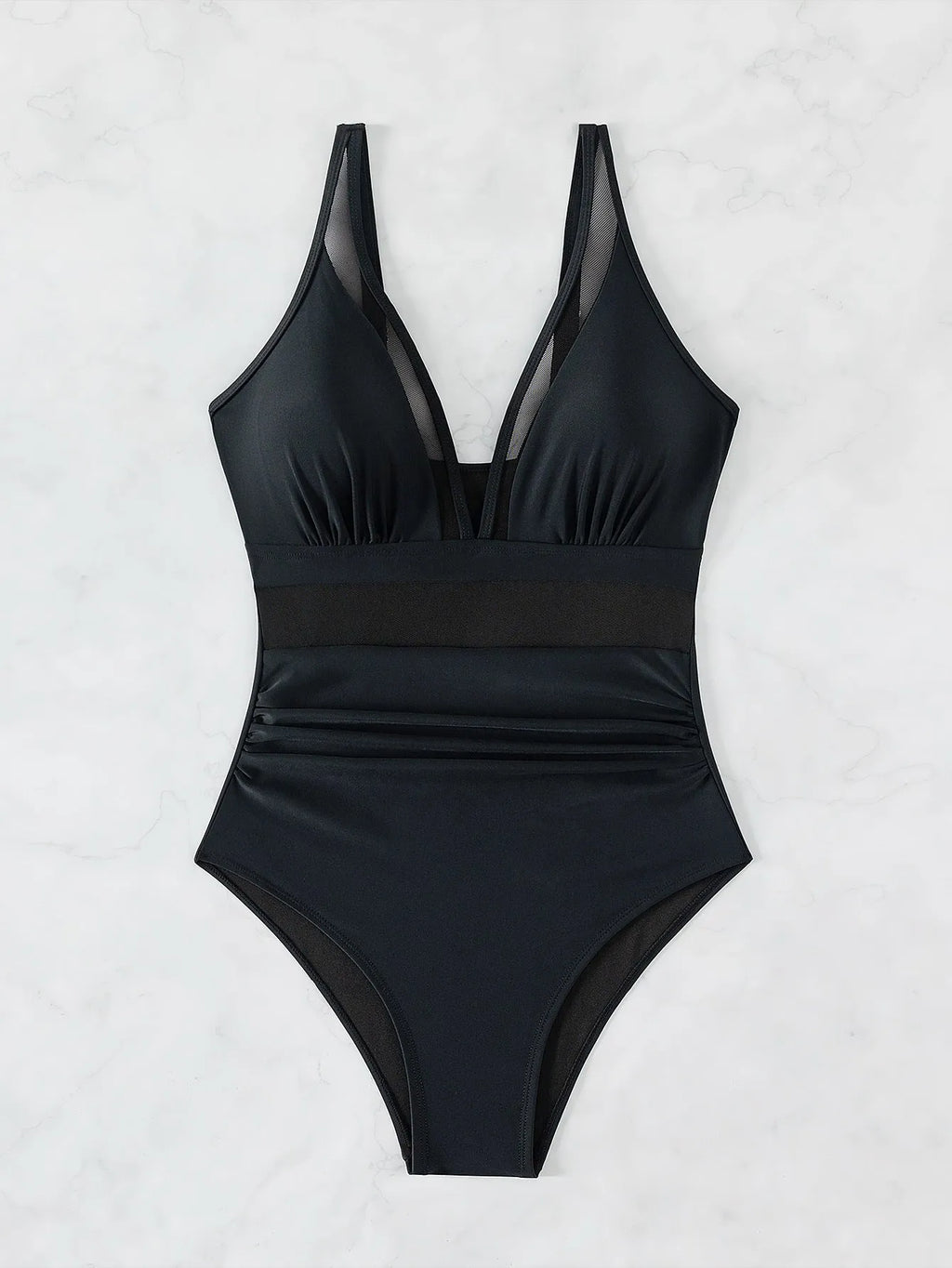 Black mesh halter bikini one-piece swimsuit for women with sleeveless design