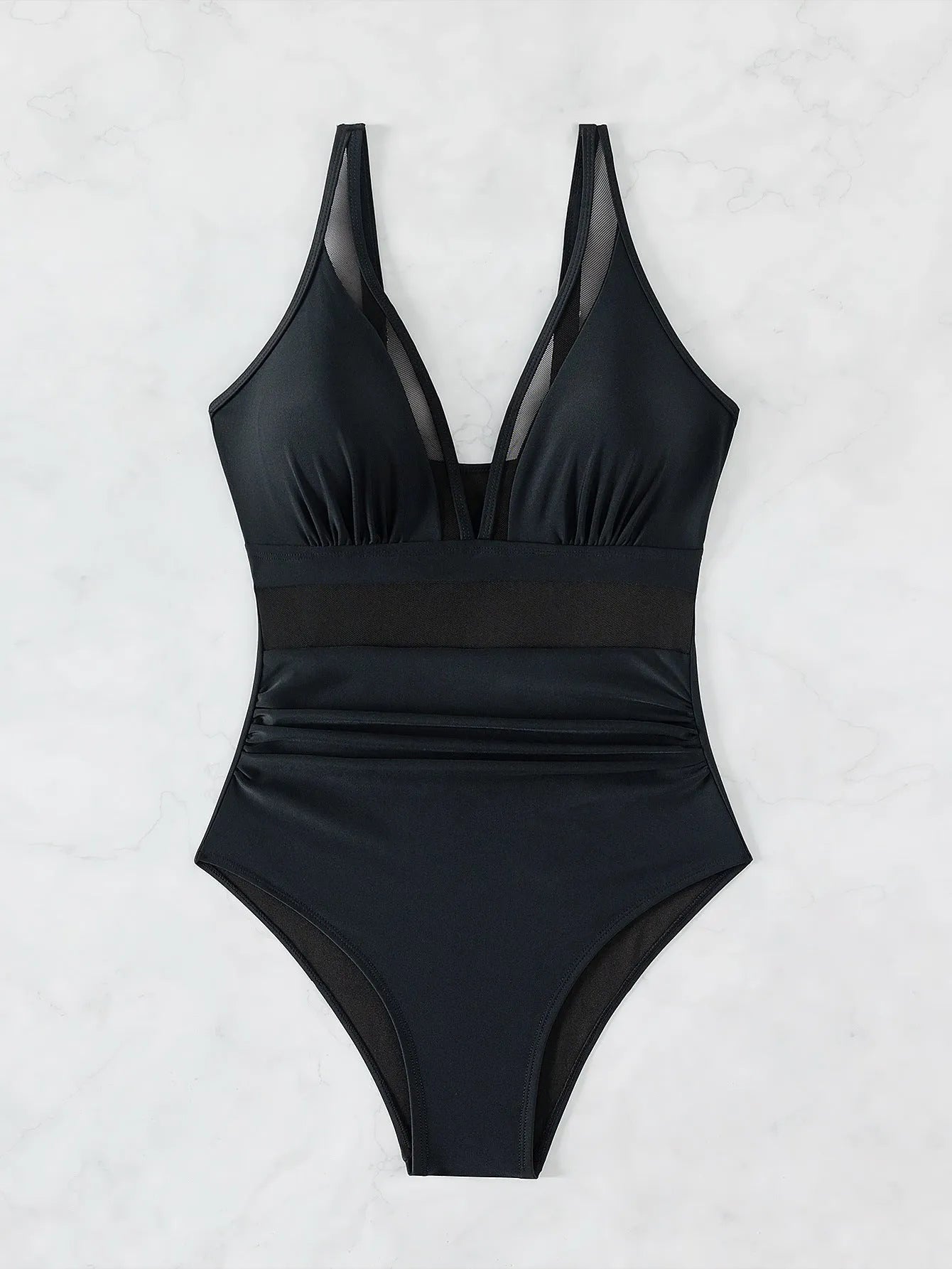 Black mesh halter bikini one-piece swimsuit for women with sleeveless design