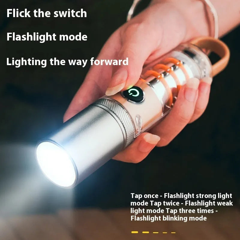 Orange 10W LED flashlight with dual light sources, optical zoom, and hanging hook