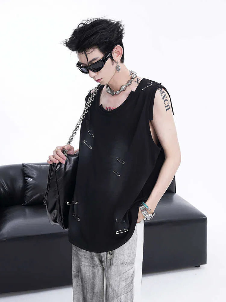 Men's black sleeveless vest waistcoat t-shirt with irregular ripped cutting detail