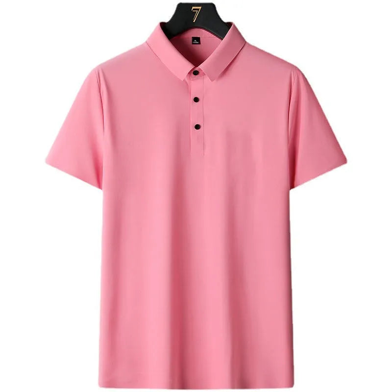 Men's solid colour non-ironing short sleeve shirt in a business casual style on a hanger.
