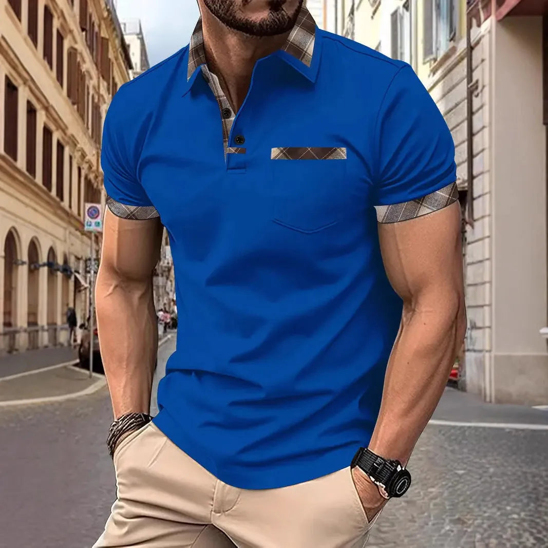 Men's plaid colourblock t-shirt with short sleeves and zipper decoration details