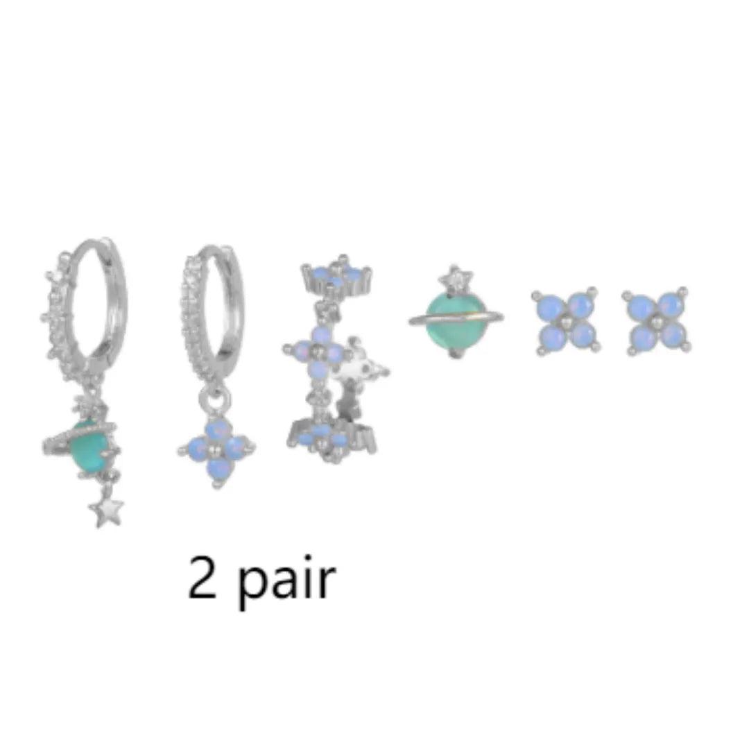 Gold and silver flower stud earrings with zircon mosaic detail in Japanese Korean style