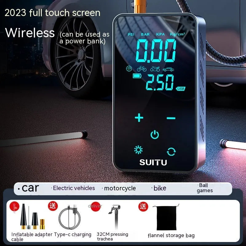 Wireless portable car tyre inflator pump with LCD screen and Type-C charging cable