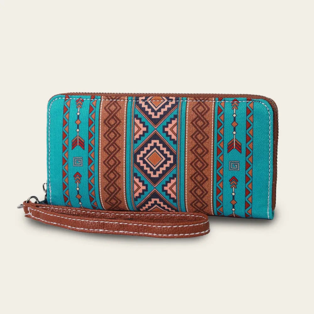 Bohemian striped canvas RFID blocking wallet in beige, black and red, khaki, or spearmint