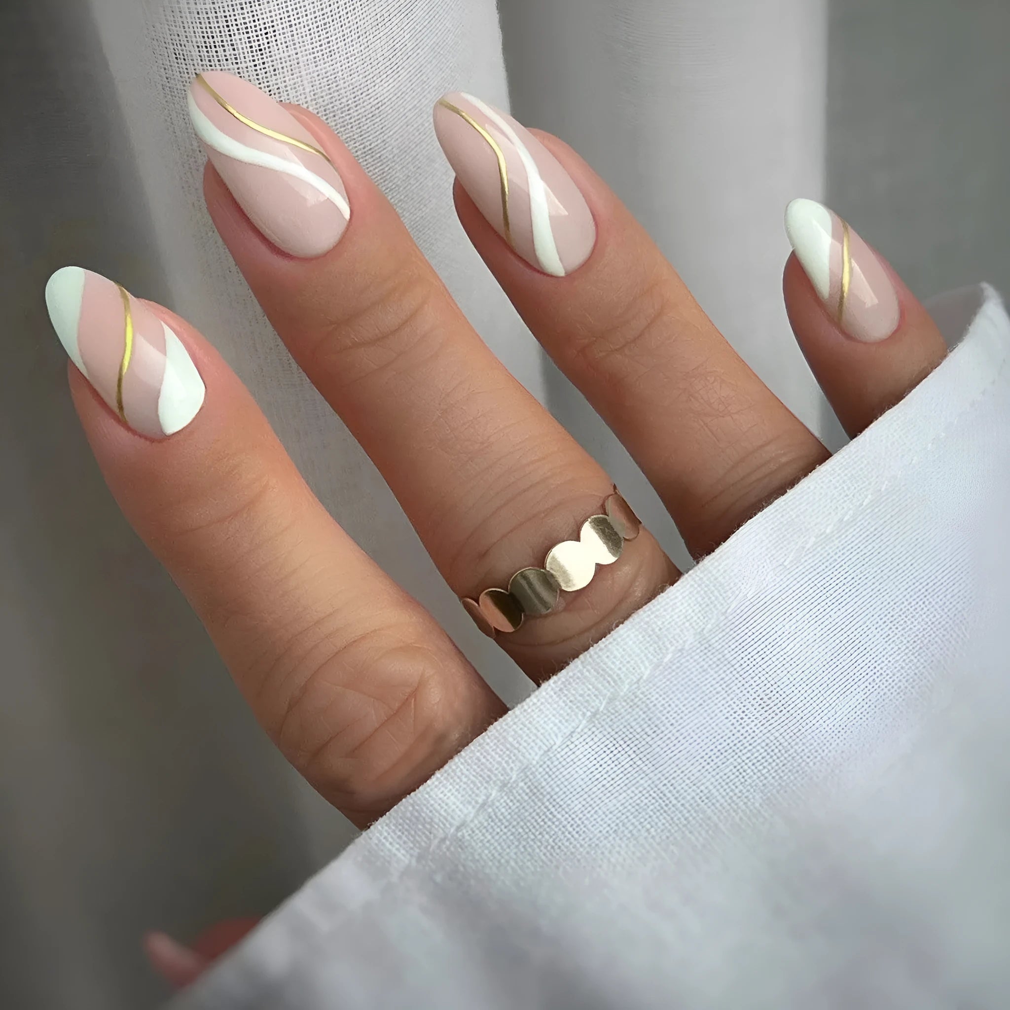 Golden Lines plaid pattern nail stickers in medium drop shape with jelly glue adhesive