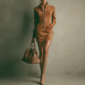 Deerskin velvet French long-sleeve zipper dress short skirt in dark brown, high waist hip-wrapped street hipster style
