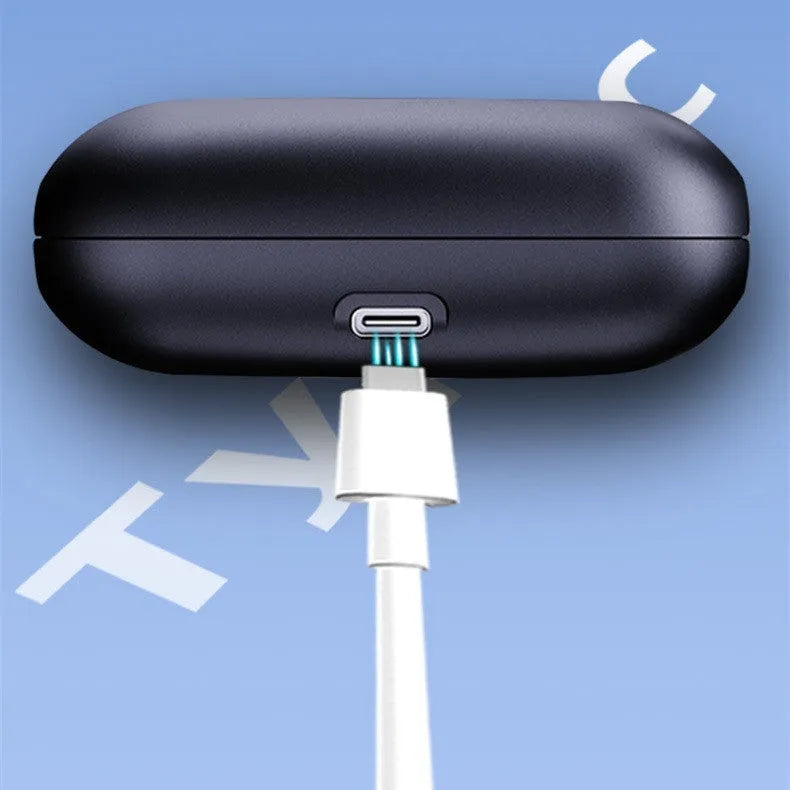 Black wireless Bluetooth ear hook headset with smart noise reduction and Type C charging case