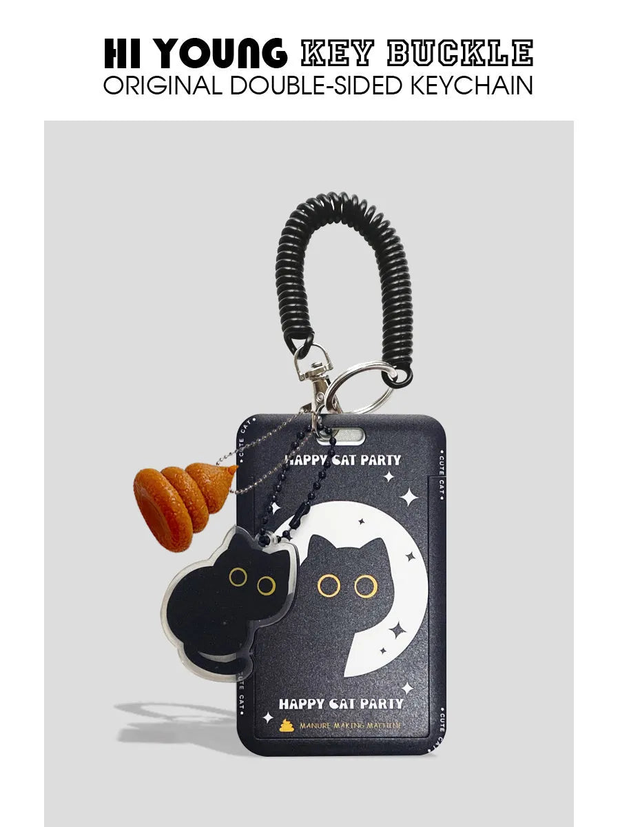 Cute little black cat cartoon design plastic card holder with metal pendant attachment.
