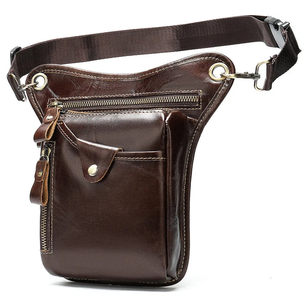 Men's brown Crazy Horse leather vintage satchel bag with top handle and crossbody strap.