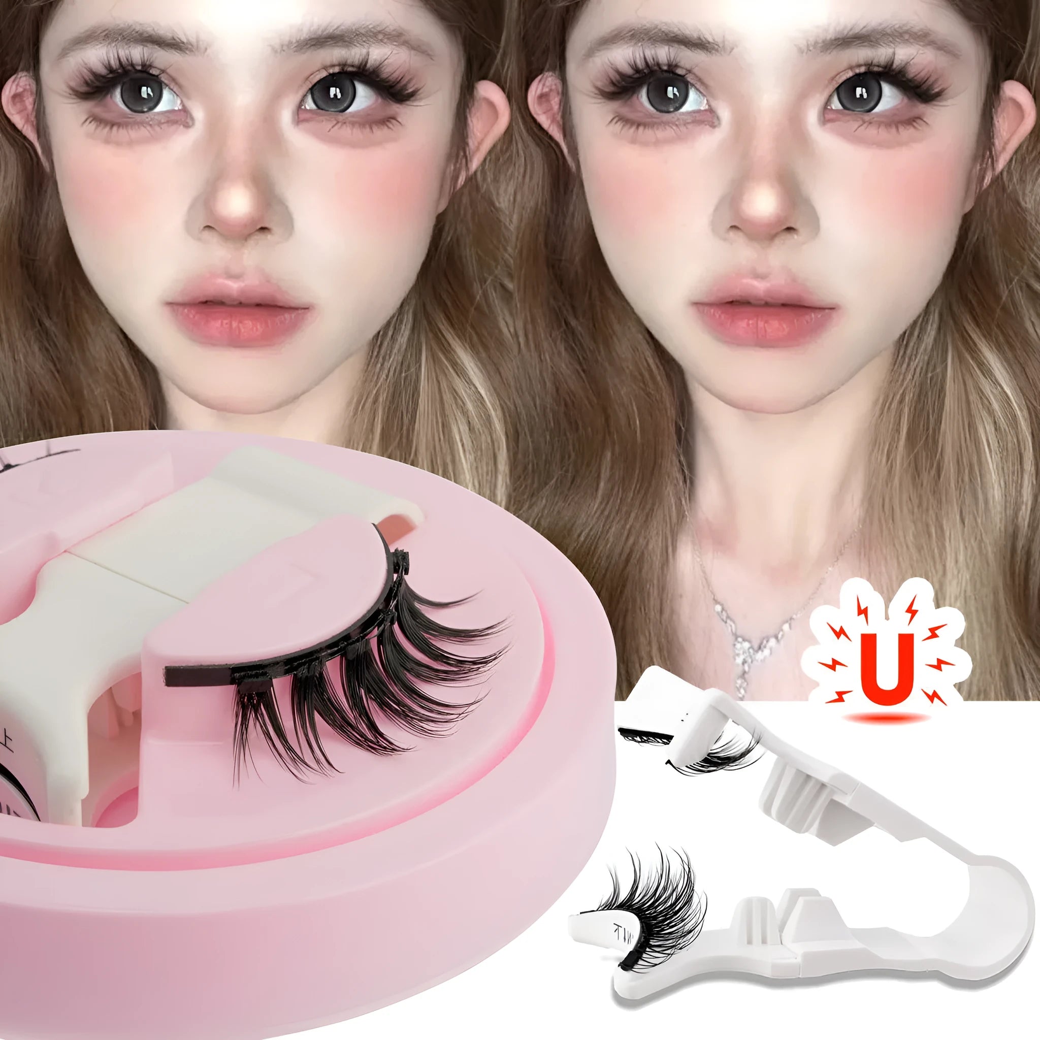 Reusable waterproof false eyelashes in a set, showing thick artificial fibre lashes.