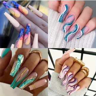 Ballet brand nail sticker set showing wave line, marble, glitter and green designs with jelly glue tubes