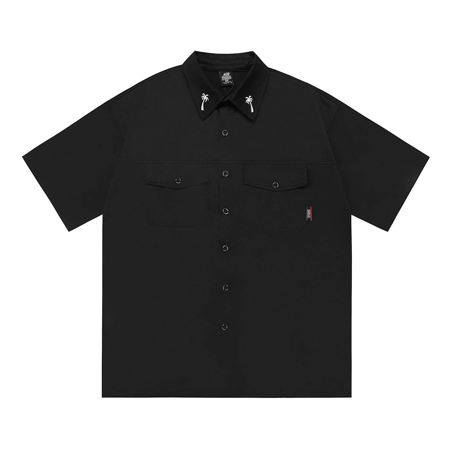Men's black cotton blend half-sleeve shirt with a chest pocket and loose fit.