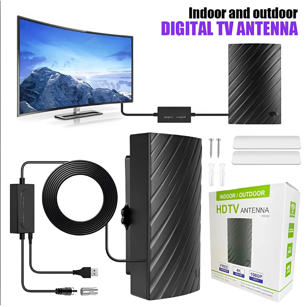 Black plastic digital television antenna with mounting hardware on white background