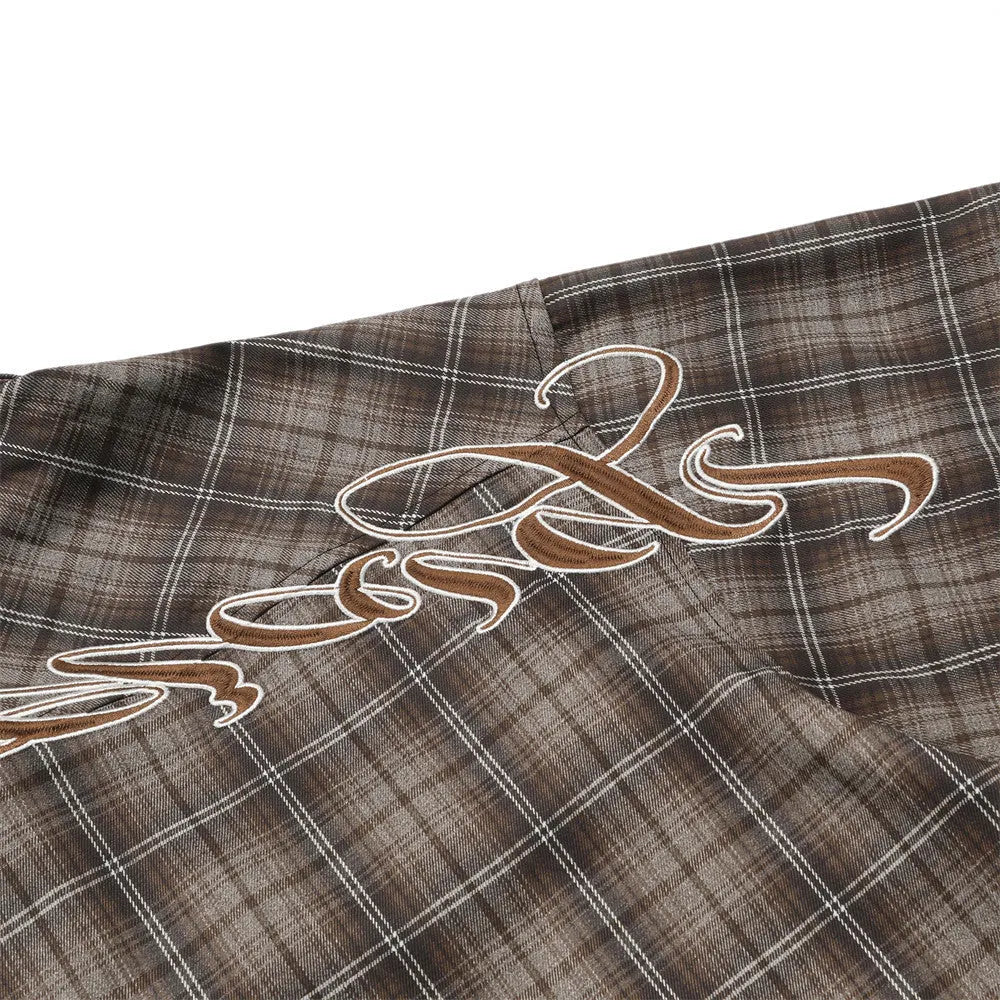 Men's black and brown plaid short sleeve shirt with embroidered letters and lapel collar