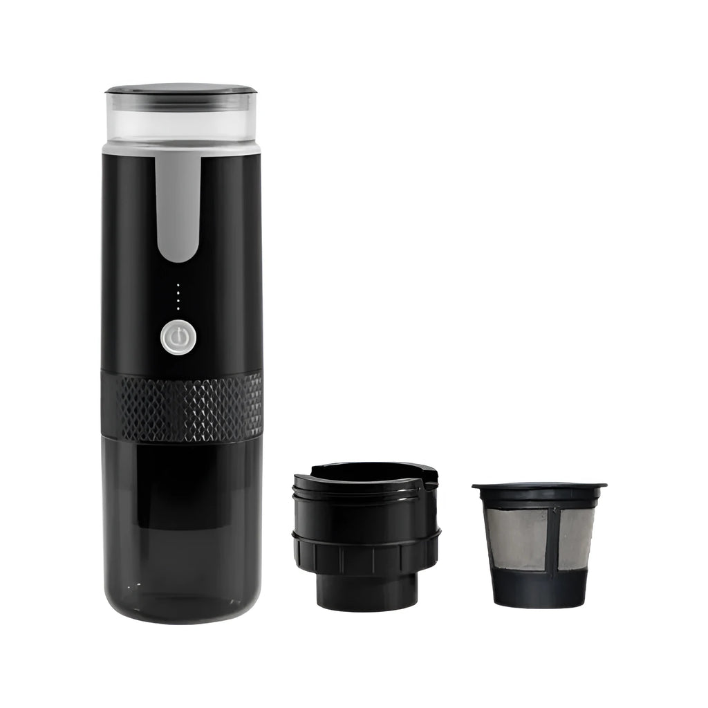 Black portable capsule coffee machine for car and camping use with 36V operation