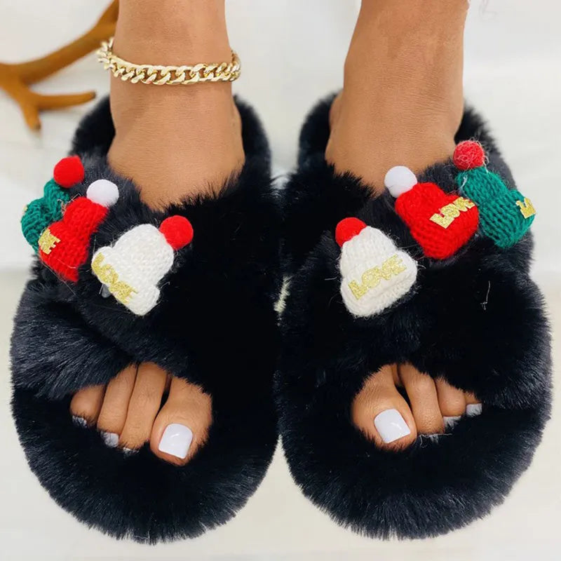 Adult Christmas hat decoration slippers in faux plush with rubber sole.
