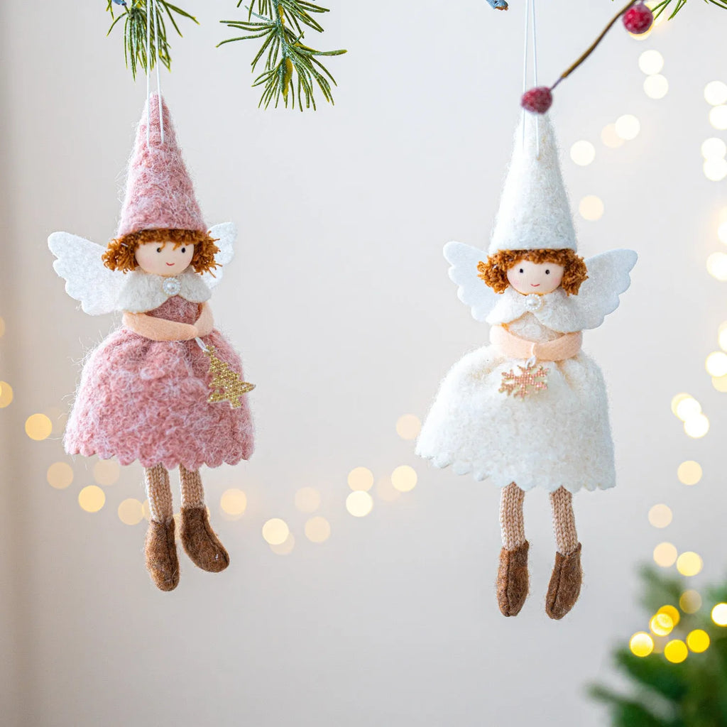 White and pink cloth Christmas angel skirt pendant ornament with felt detailing