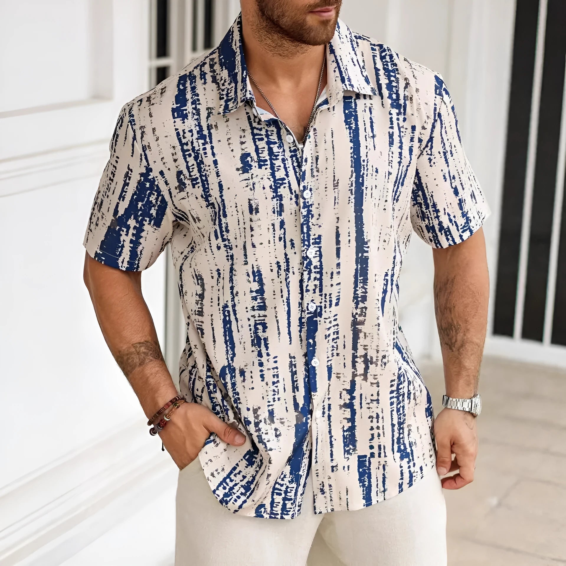 Men's 3D printed stripe shirt in anti-wrinkle polyester for summer casual wear