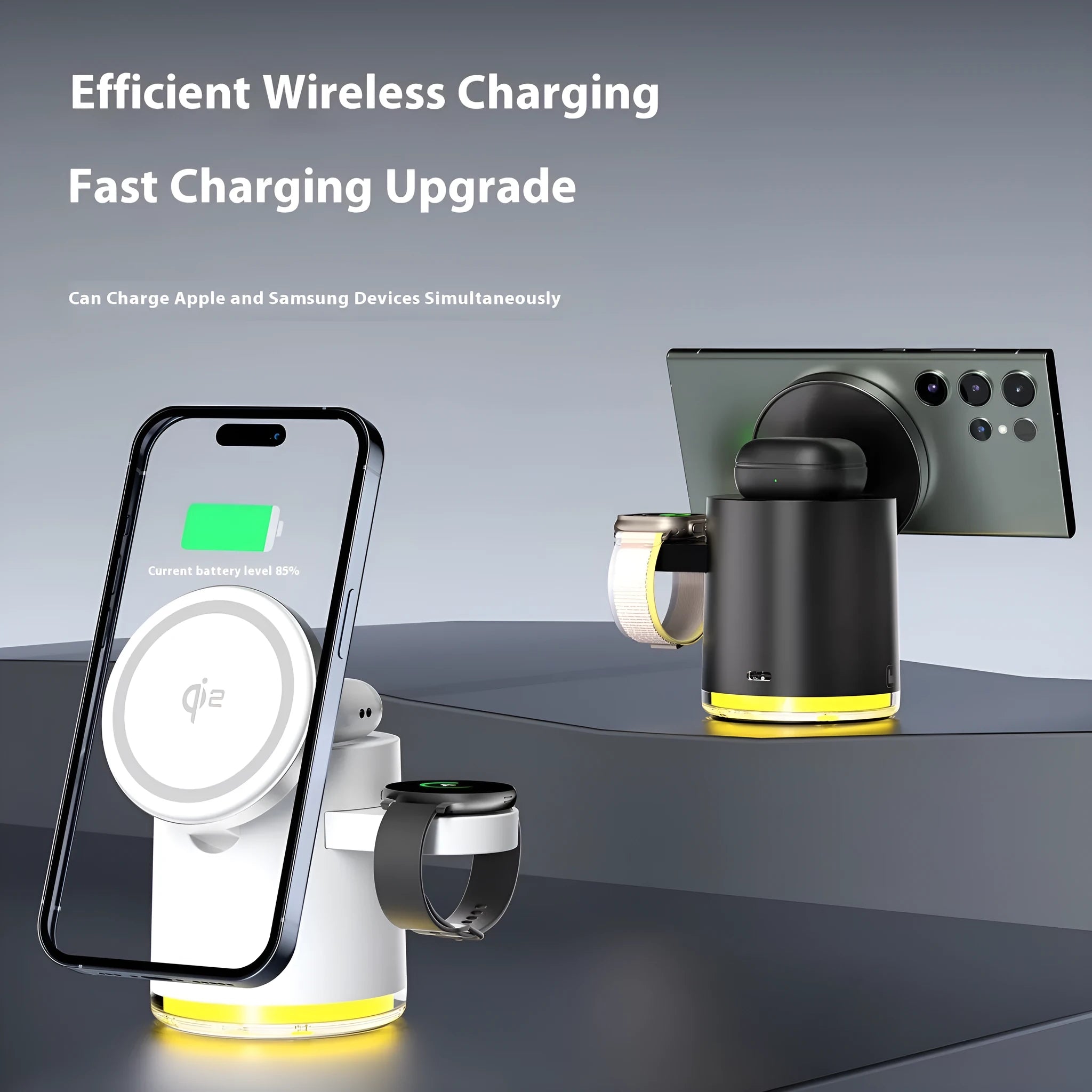 C16 Magnetic Three-in-one Wireless Folding Charger in Black or Ivory White, shown open for charging and folded for portability.