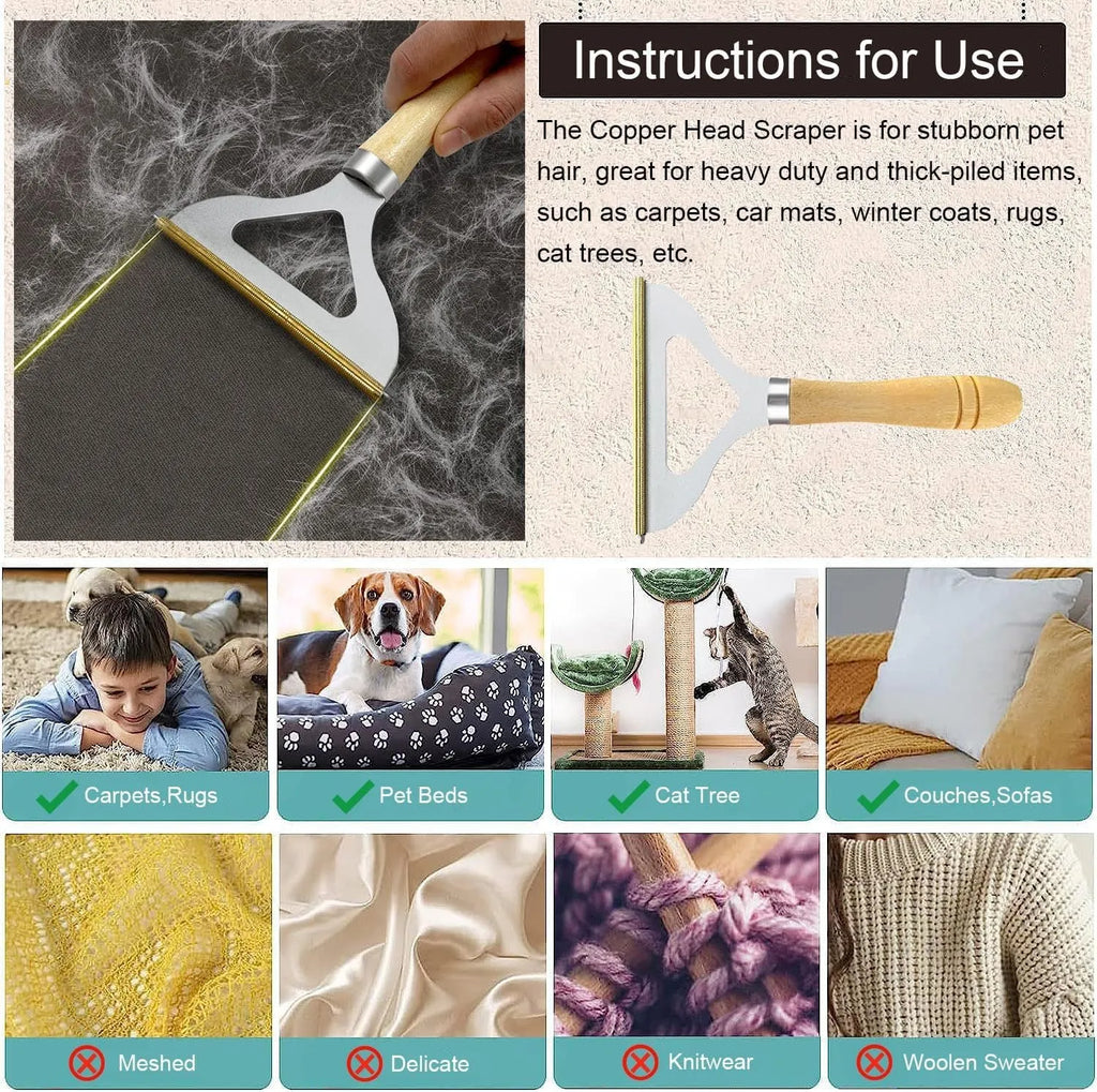 Three pet hair removal tools: metal lint brush, silicone roller, and round carpet scraper
