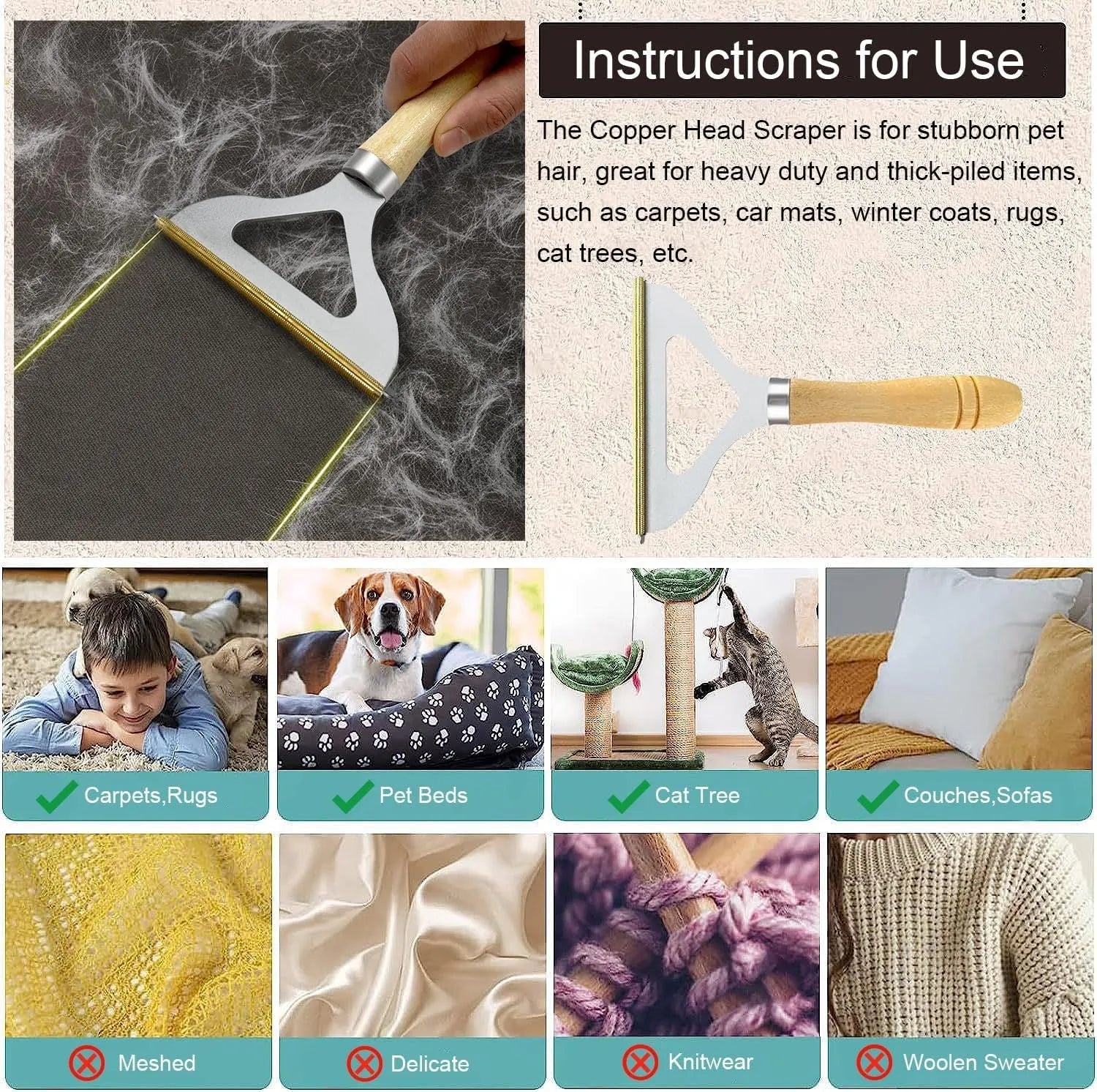 Three pet hair removal tools: metal lint brush, silicone roller, and round carpet scraper