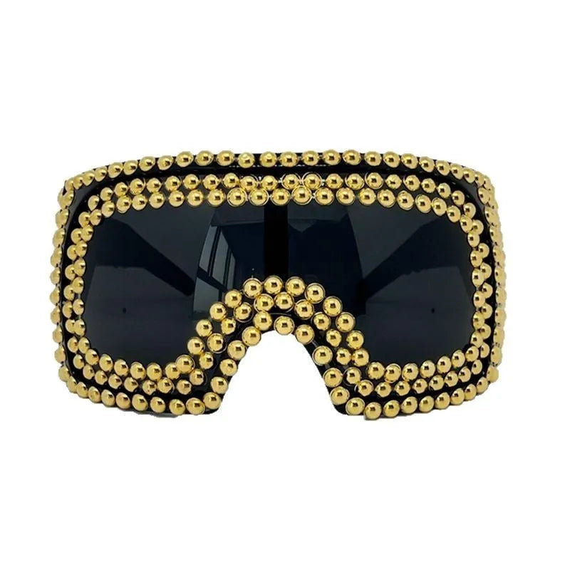 Men's punk sunglasses with large square frame and rivet details in silver colour