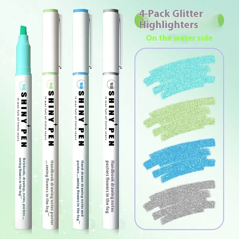 Set of four glitter highlighter pens with slanted tips showing six glitter ink colours including taro puff and mung bean smoothie