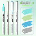 Set of four glitter highlighter pens with slanted tips showing six glitter ink colours including taro puff and mung bean smoothie