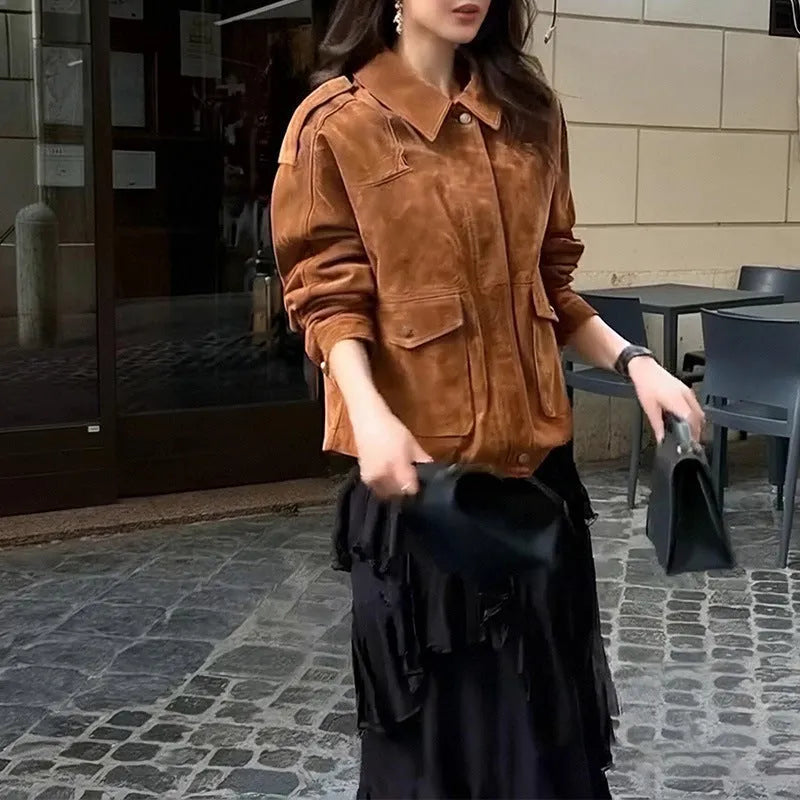 Women's brown suede street chic coat with regular sleeves