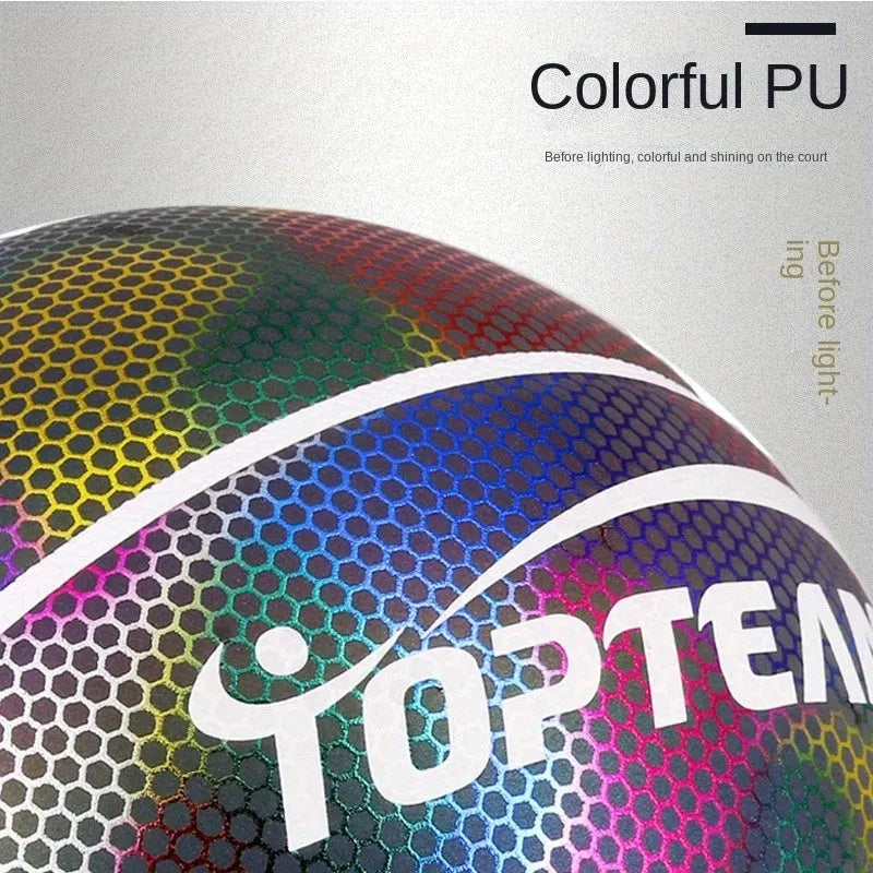 Chroma and white PU basketball with holographic reflective patches, size 7