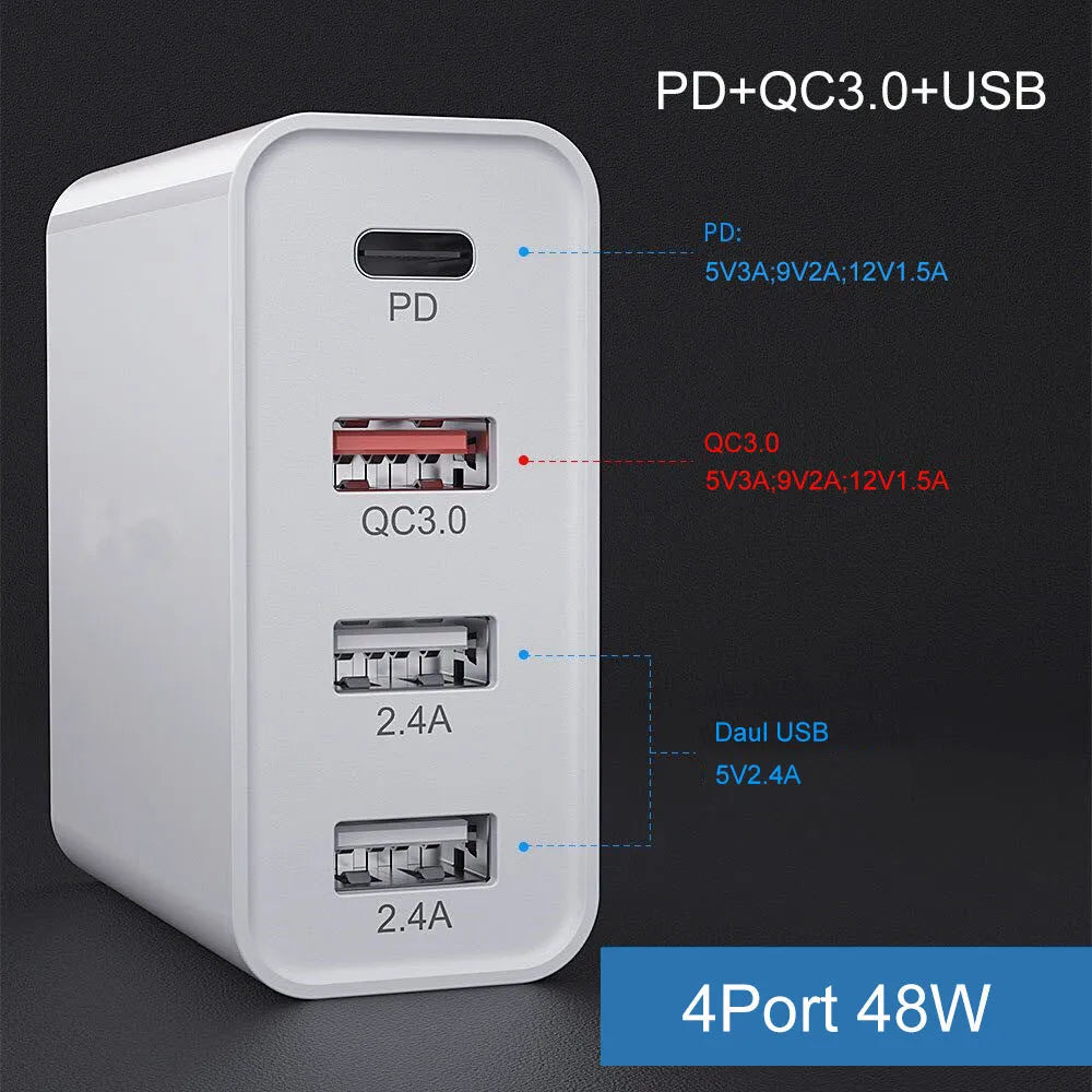 White 4-port fast charger with PD and QC technology showing UK plug