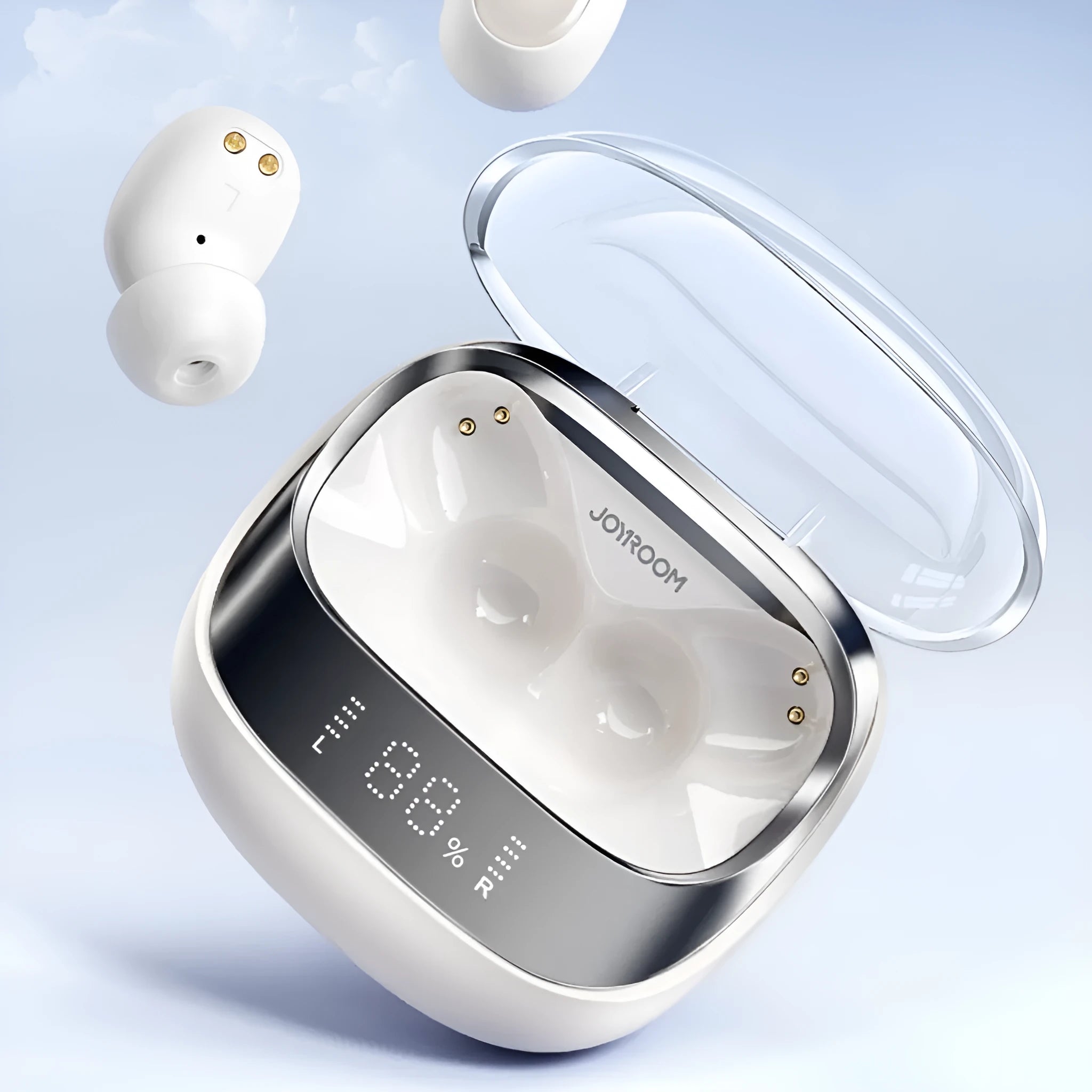 Wireless in-ear Bluetooth headphones with charging case in dawn white, black, or purple.