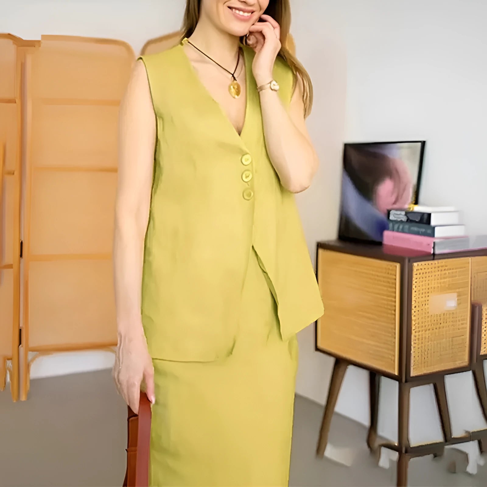 A woman wearing a blue sleeveless top and long matching skirt, a casual two-piece polyester suit.