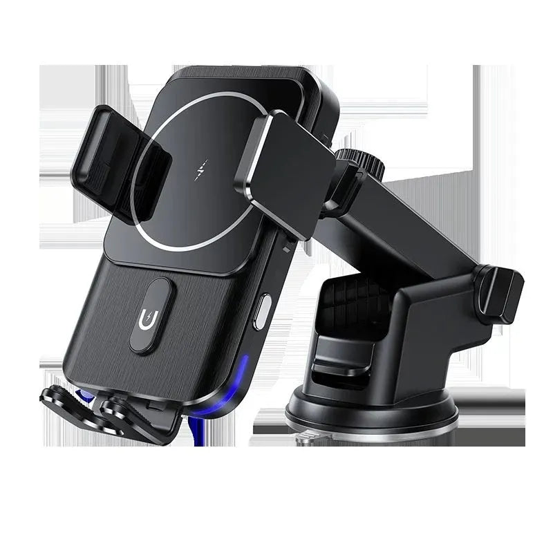 Black car wireless charging phone holder with 15W power and clip or suction cup mounting bracket