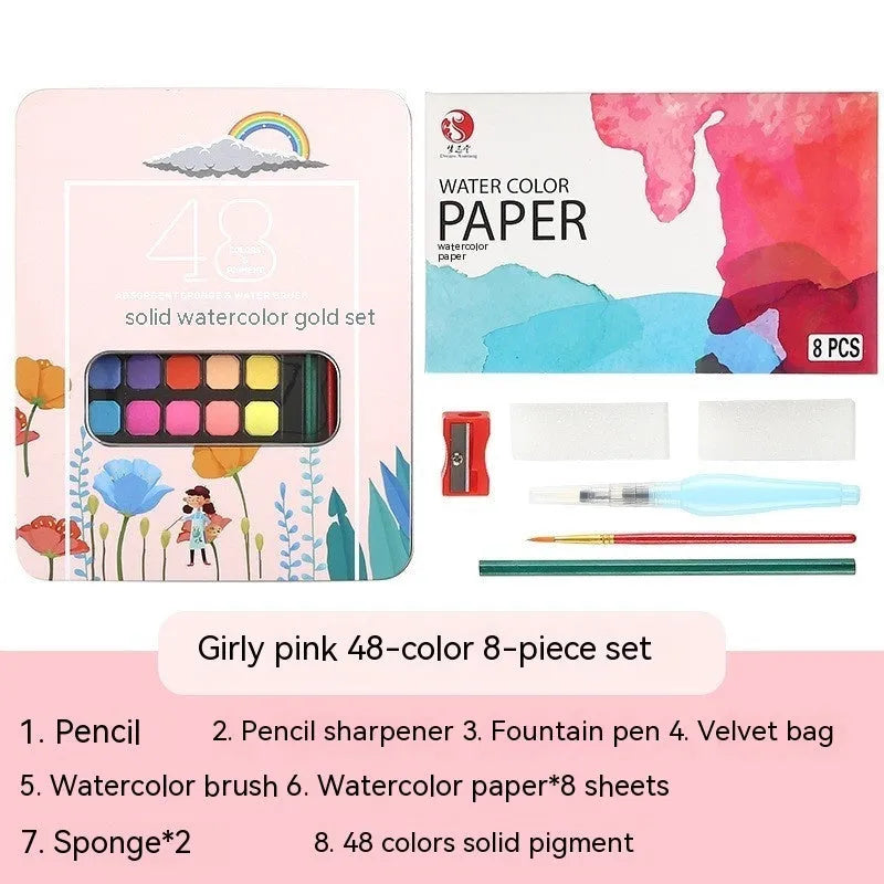 Box of solid watercolour paint set with 48 colours including Black Knight, Girl Pink, and Sunshine Blue.