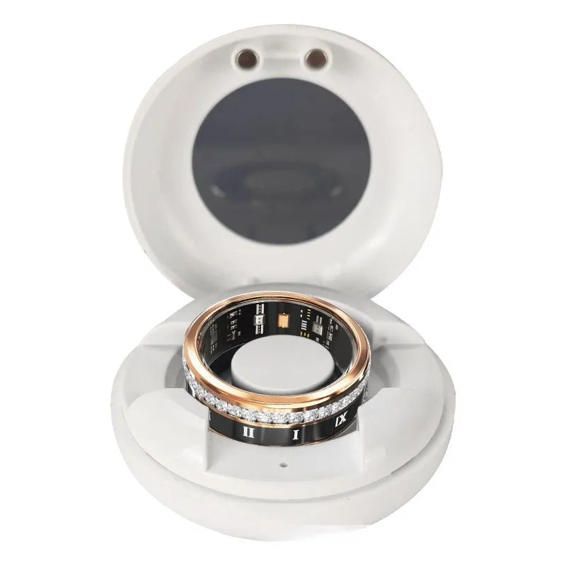 Gold and silver smart rings with diamond inlays displaying blood oxygen monitoring technology on a finger.
