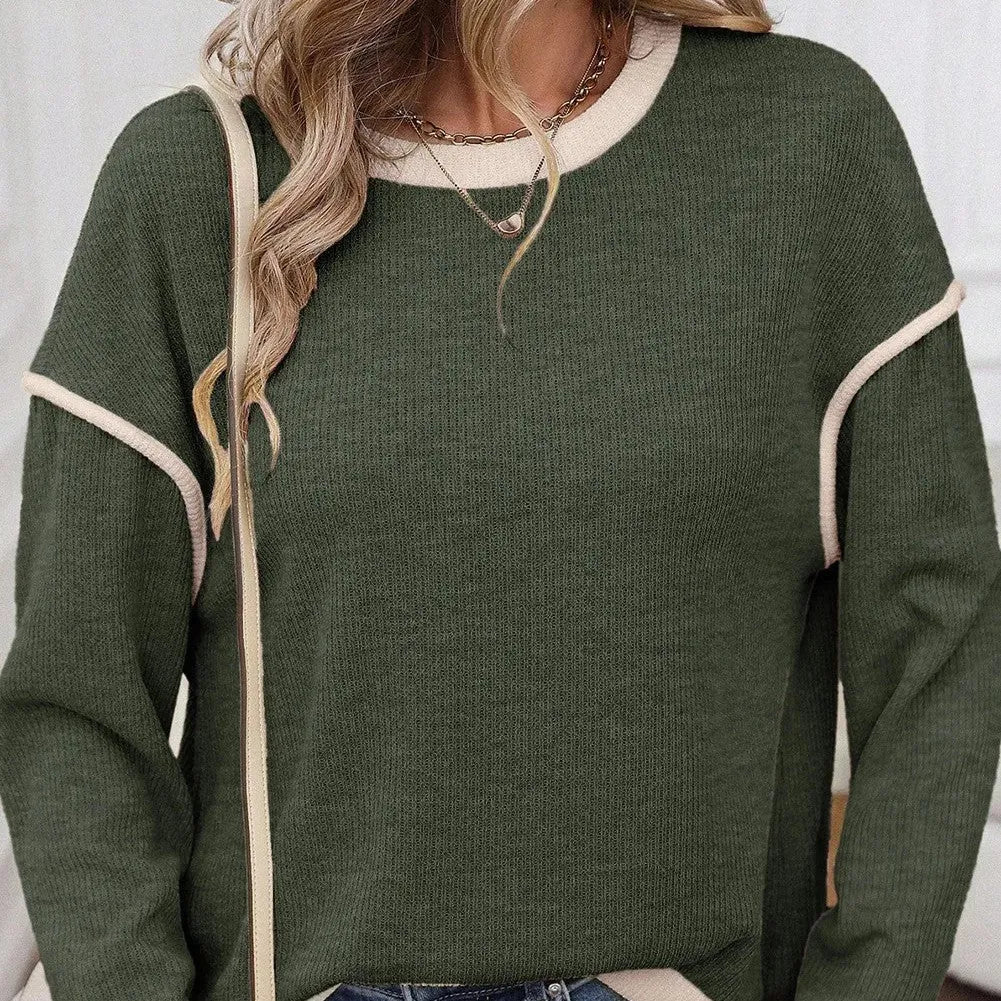 Women's loose knit top with four leaf clover pattern, drop shoulders and contrast colour trim
