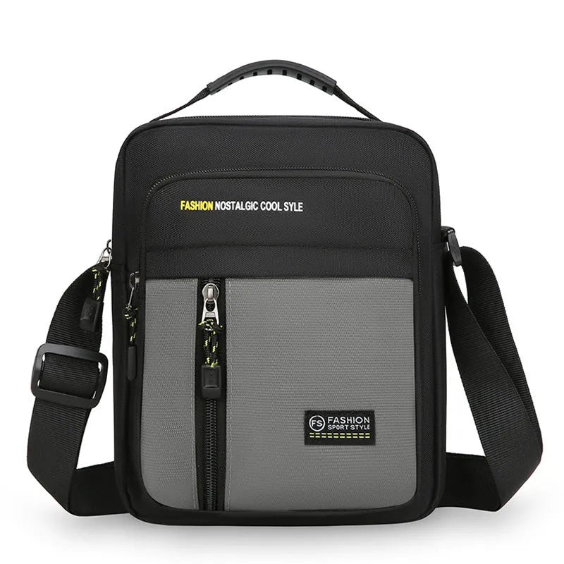 Men's casual nylon crossbody messenger bag shown in available colours: green, grey, black, and blue.