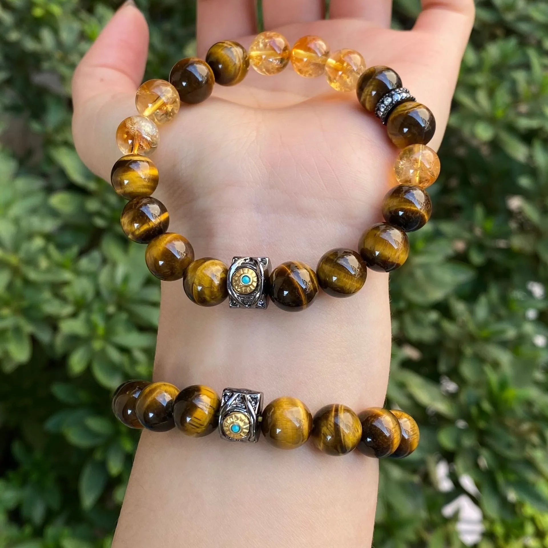 Handmade unisex citrine diamond gourd bracelet with mixed 10mm and 8mm electroplated crystal beads