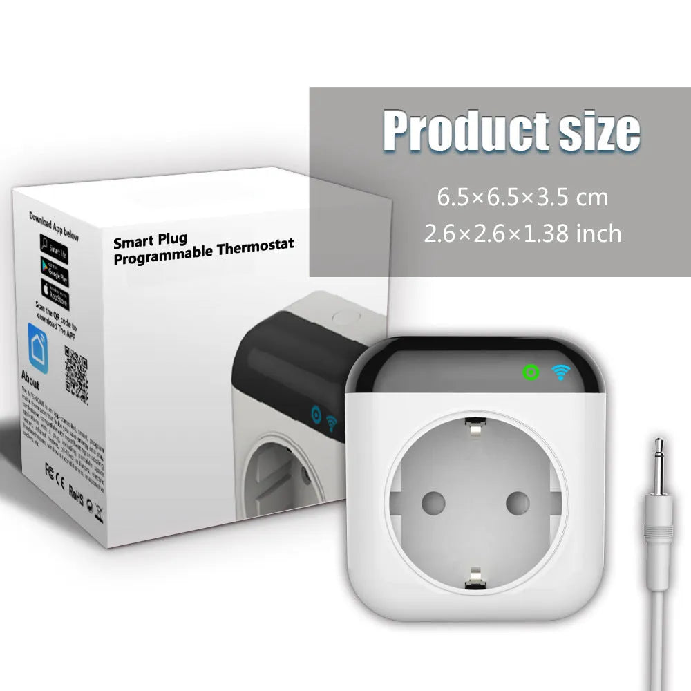 White Tuya wifi smart plug with temperature sensor probe and US 3-prong outlet.