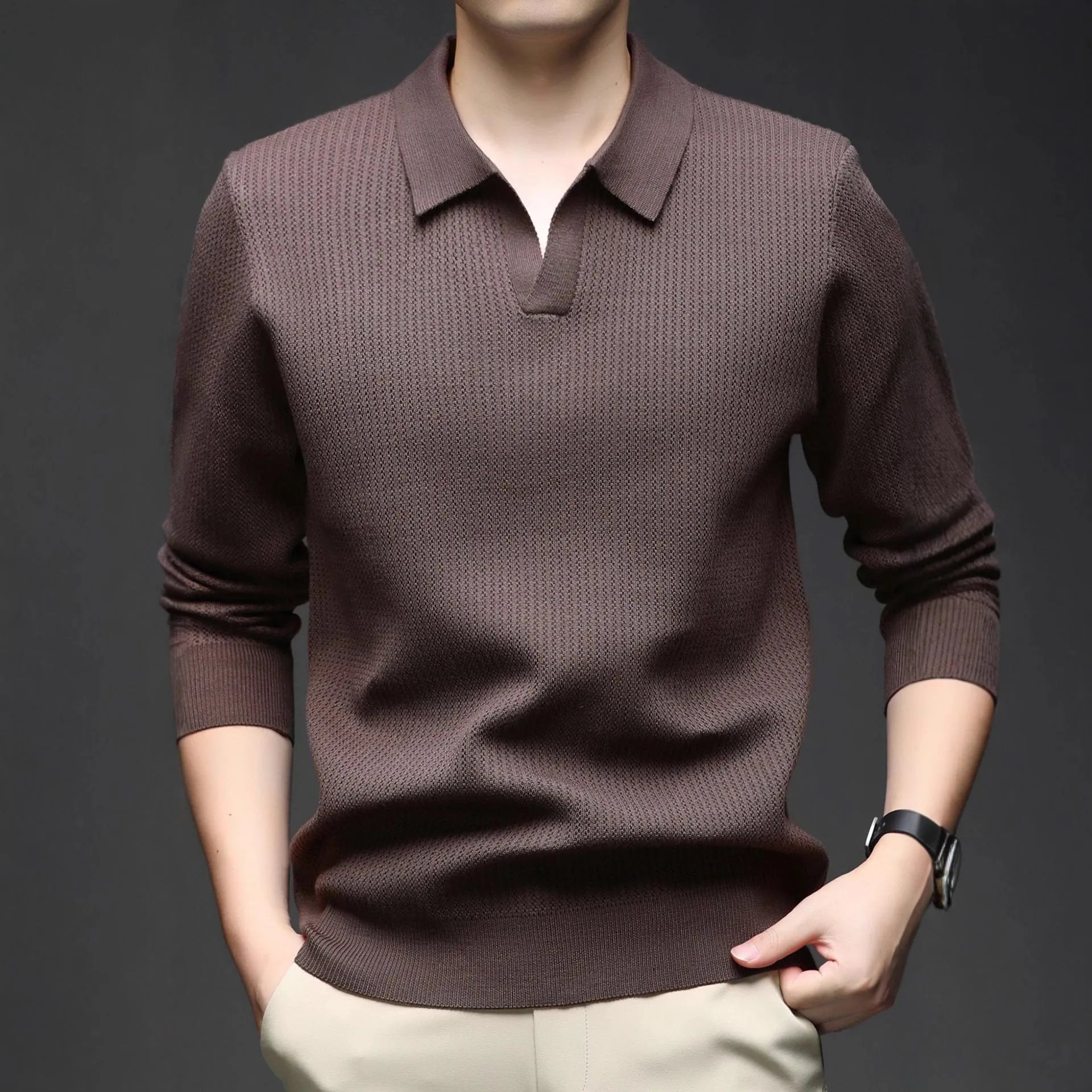 Men's loose fit pullover sweater in green colour shown on model for autumn casual wear