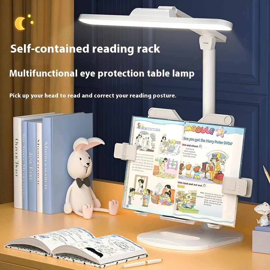 Adjustable desk lamp with integrated bookshelf showing three light colour settings and a charging cable.