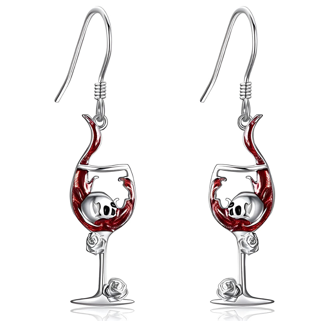 A pair of metallic geometric skull wine glass earrings for women, shown in dark gothic style.