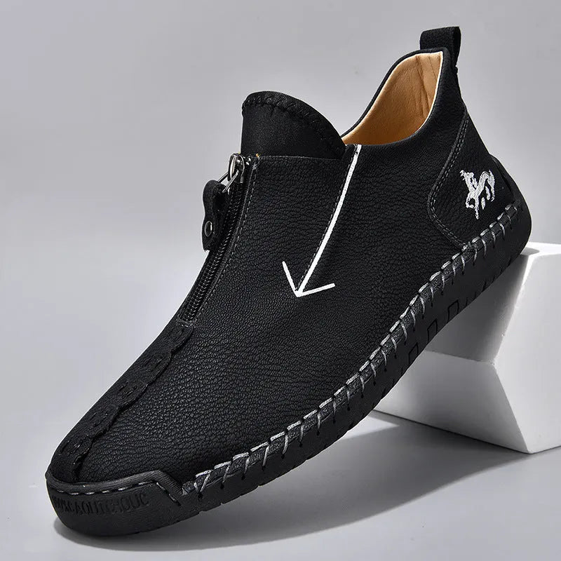 Men's black artificial PU leather Martin boots with front zipper and hand-stitched rubber sole