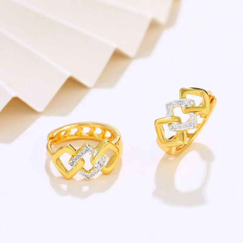 Gold geometric hollow-out alloy earrings with colour separation ear clips