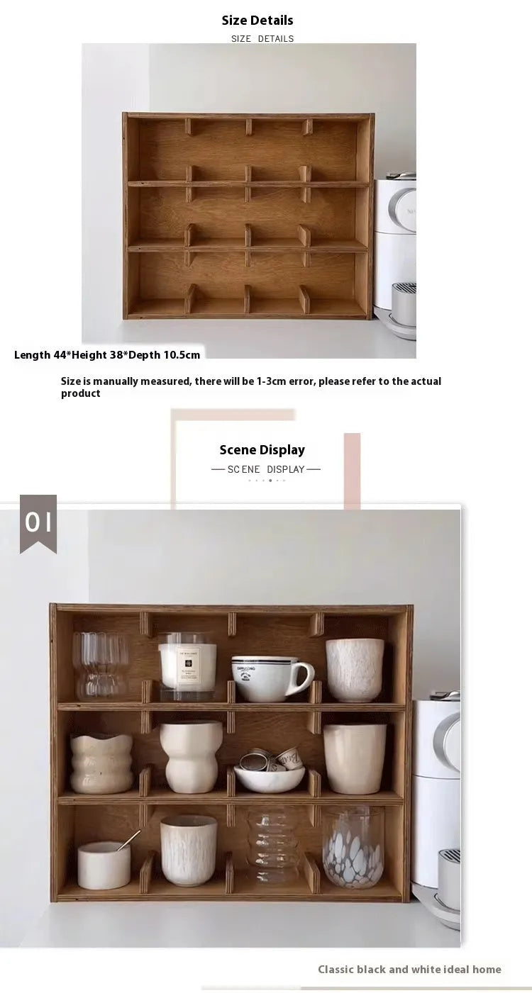 Square birch wood cup storage rack with multiple grid compartments