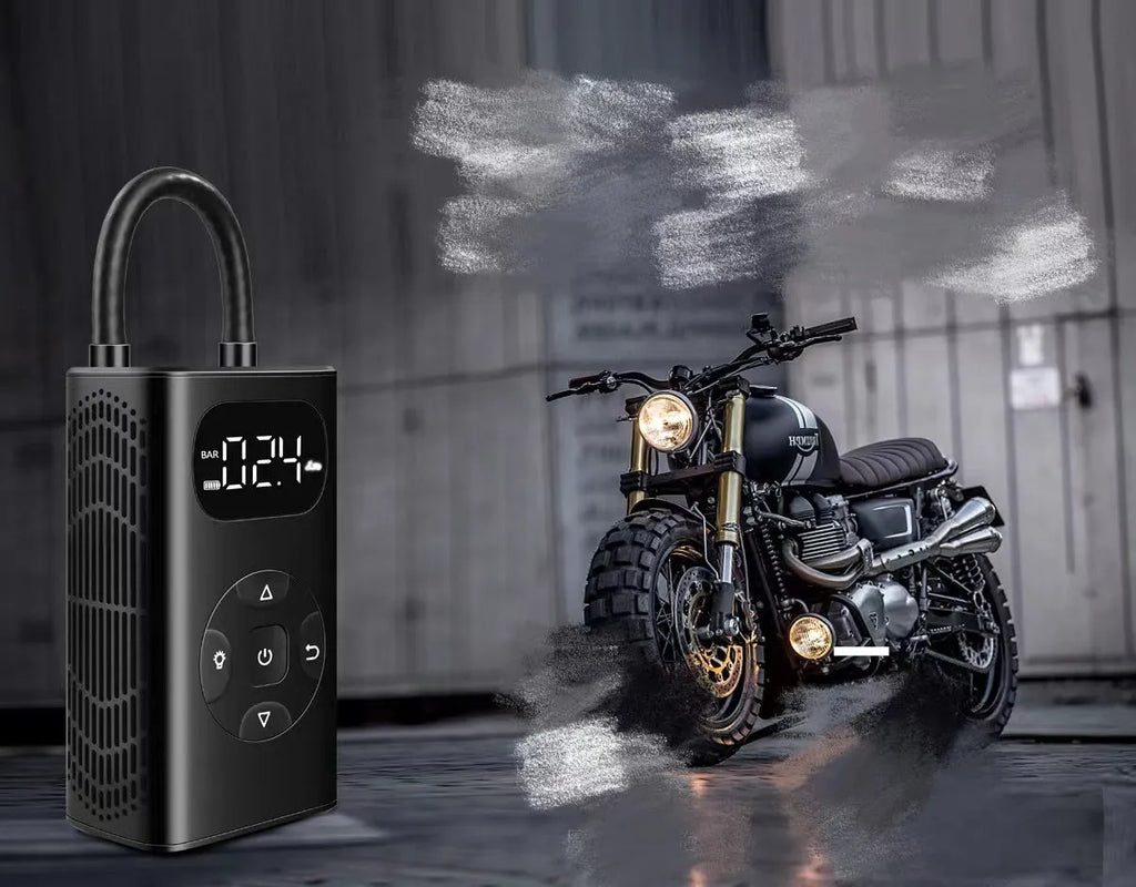 Black aviation aluminium portable tyre inflator with USB cable and flexible hose for car and motorcycle tyres.
